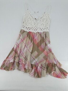 Free People FP One Adella Plaid Crochet Lace Tiered Dress Boho Cottage Festival